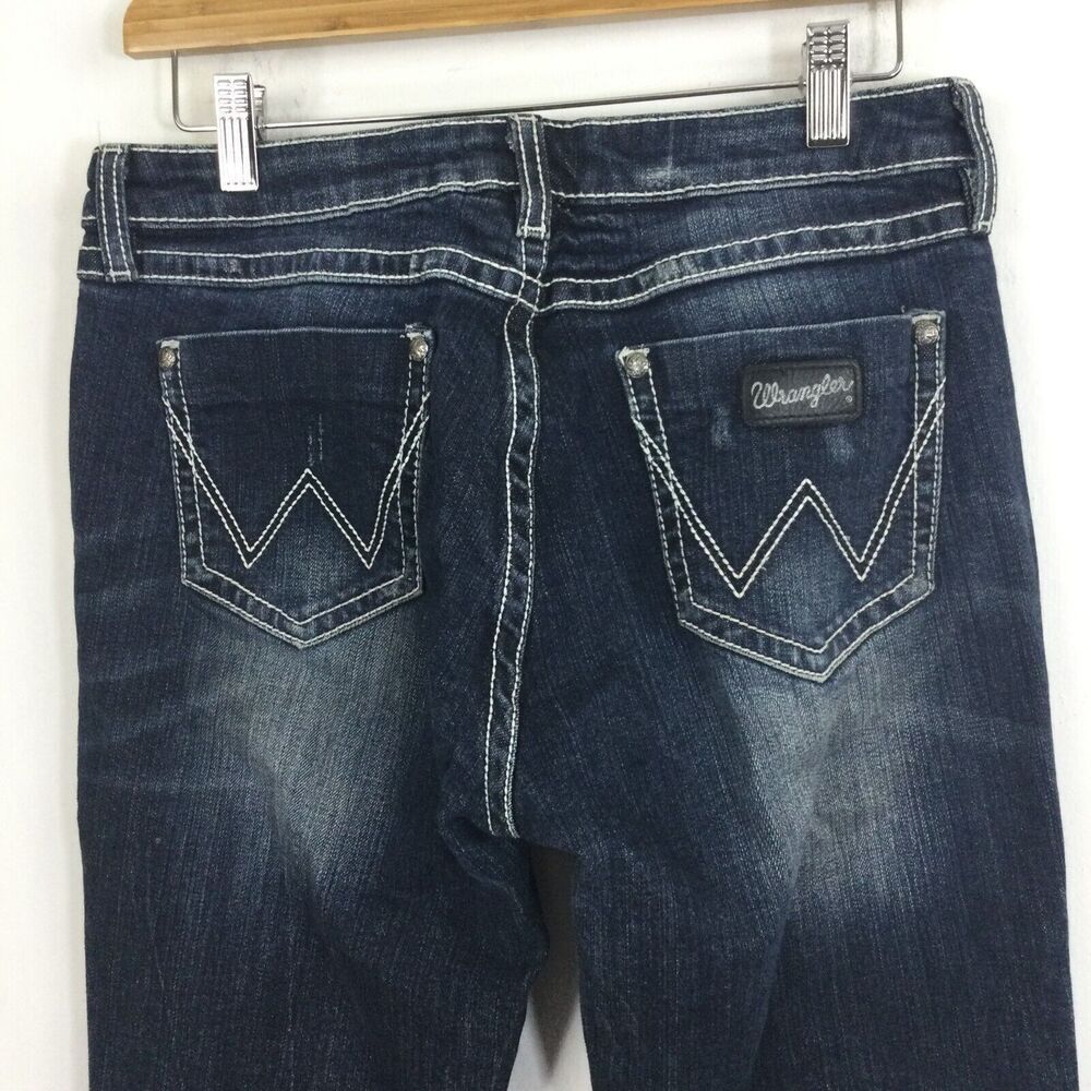 Wrangler Premium Patch Bootcut Mid Rise Western Dark Wash Denim Jeans Blue - Picture 7 of 15